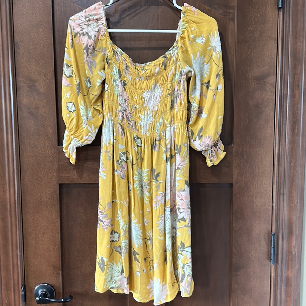 H&M Yellow Floral Smocked Top Mini Dress M